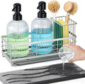 Shinowa Kitchen Dish Soap Dispenser Set, 14OZ Glass Bottle with Rustproof 304 Stainless Steel Sponge Holder and Instant Dry Tray, Hand and Dish Soap Dispenser Set for Kitchen Sink Organizer, Silver