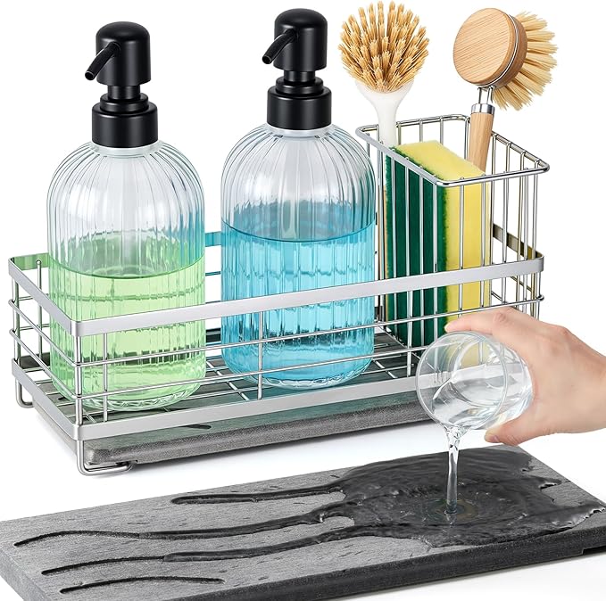Shinowa Kitchen Dish Soap Dispenser Set, 14OZ Glass Bottle with Rustproof 304 Stainless Steel Sponge Holder and Instant Dry Tray, Hand and Dish Soap Dispenser Set for Kitchen Sink Organizer, Silver