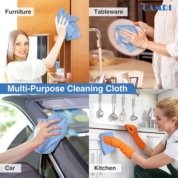 CAMRI Microfiber Towel Cleaning Cloth – Pack of 12, Size 12.6” x 12.6”, Blue, Lint Free, Super Absorbent, Streak Free, Washable, Multipurpose Cleaning Rags for Kitchen, Glass, Car, Mirror