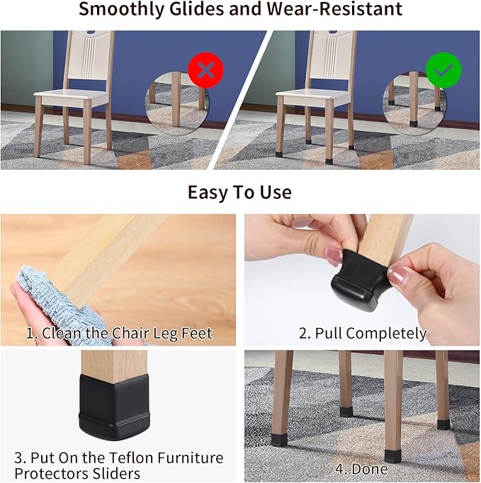 Ezprotekt 24 Pcs Chair Sliders for Carpet, Square Chair Glides for Carpet, Teflon Furniture Pads for Carpet, Chair Leg Protectors Caps for Carpet for Dining Table Chair, Black M (Fit: 0.75"-1")