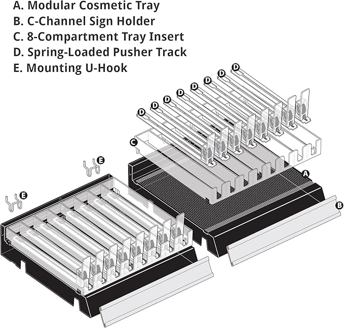 Azar Displays 225830-8COMP-BLK 8 Compartment Divider Bin Cosmetic Tray with Pushers - 8 Slots per Tray, 2-Pack, Black