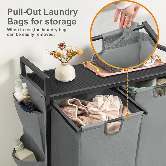 WOWLIVE Double Laundry Hamper with Lid,Rolling Laundry Basket Organizer with Wheels, Iron-Made Laundry Sorter with Top Shelf and 2 Removable Bags,Large Clothes Storage for Room,Gray