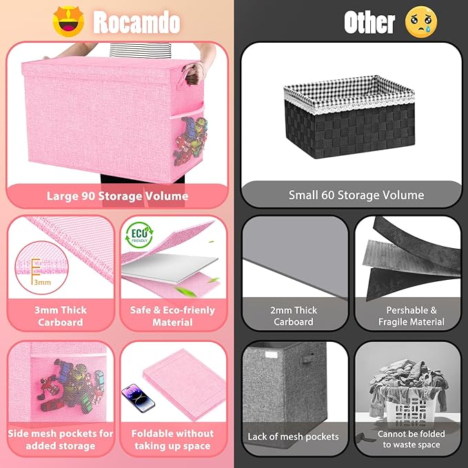 Large Toy Storage Box with Lid Divider, Sturdy Collapsible Toys Organizer Chest Kids Storage Bins Boxes Baskets for Boys, Girls, Nursery, Bedroom, Living Room, Playroom, 25"x13"x16", Pink