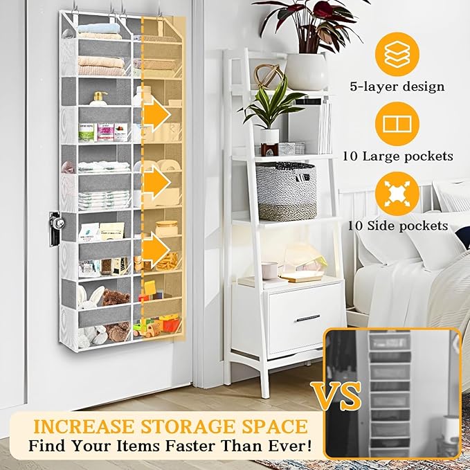 2 Pack Over The Door Organizer 5 Tiers, Extra Large Behind Door Storage of 10 Compartments, 80 lbs Weight Capacity Over Door Organizer, Door Hanging Organizer for Closet, Diaper Organizer, Light Gray