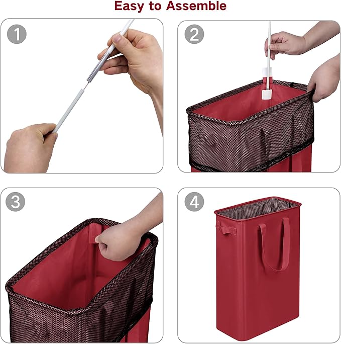 efluky Slim Laundry Basket, Narrow Laundry Hamper with Handles, Collapsible Dirty Clothes Hamper, Tall Laundry Bin for Laundry Room, Dorm and Bedroom, 48L (12.7 Gallon) Burgundy Red