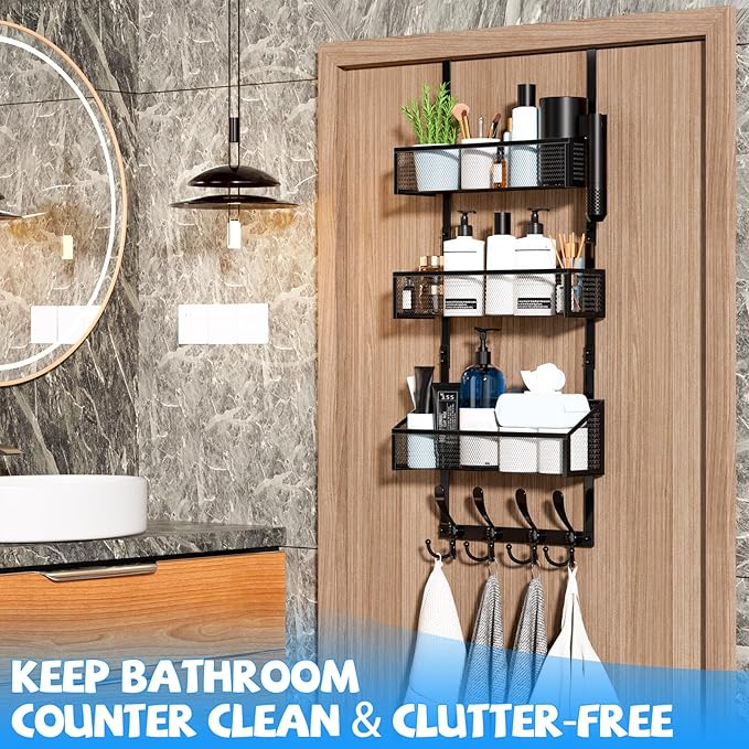 Kaiferty Over The Door Hooks Organizer, Coat Rack Over The Door Storage Hanger Towel Rack, Back of Door Storage Organizer for Bathroom,Bedroom,Kitchen,Office (Black, 4-Tier)