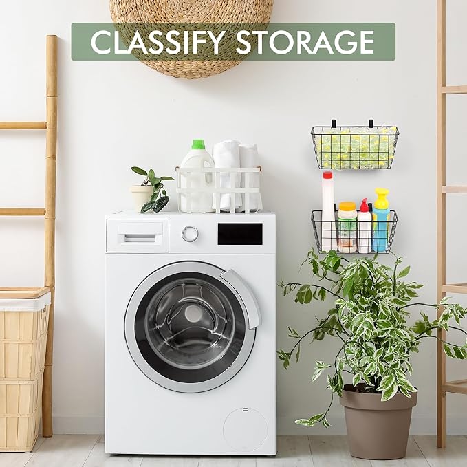 Wire Hanging Wall Basket, 2 Black Baskets Set Adhesive Wall Mount Organizer for Pantry Kitchen RV Bathroom Cabinet Storage Organization