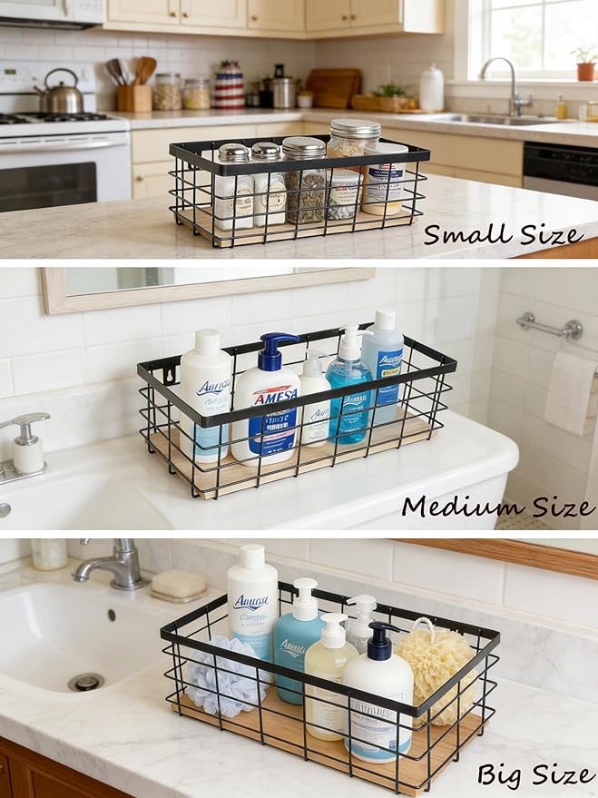 Metal Wire Basket Detachable Wood Base Storage Organizer Farmhouse Hanging Basket for Kitchen Cabinets, Bathroom, Pantry, Laundry Room Set of 3,Black Color