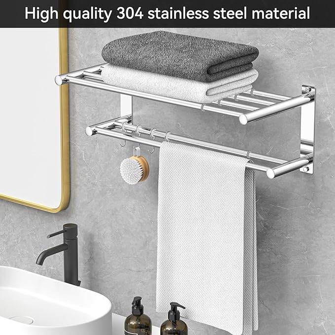 CAXIMSY Adjustable Towel Bar for Bathroom Wall Mount17-30.7inch Adhesive Shower Towel Rack Stainless Steel Bath Towel Holders for Toilet Kitchen Double Towel Hanger (Mobile Hook Towel Rack)