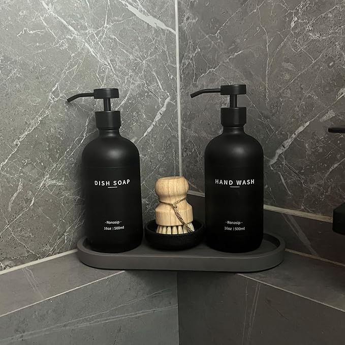 Set of 5 Kitchen Soap Dispenser Set 16 Oz Glass Hand Dish Soap Dispenser with Stainless Steel Pump, Cement Tray, Dish Scrub Brush for Farmhouse Rustic Home Bathroom Decor (Black)