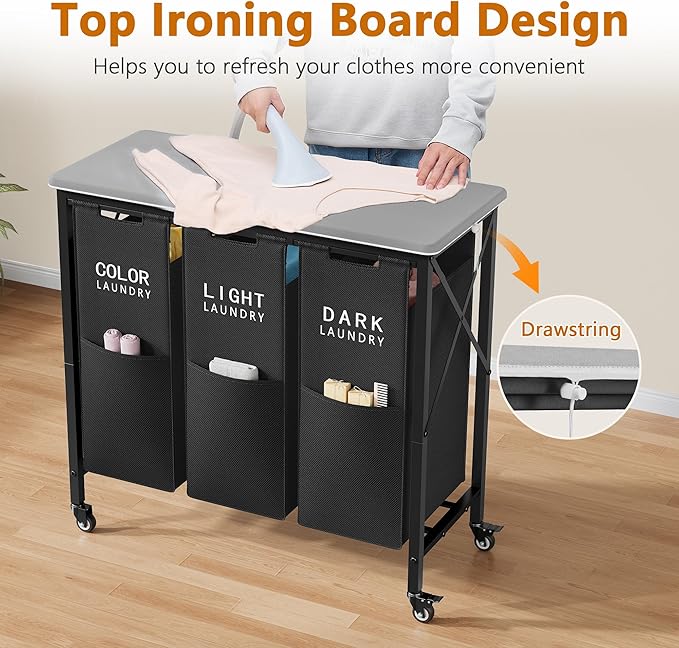 3 Section Laundry Sorter with Ironing Board, Laundry Hamper with Removable Bags, Heavy Duty Rolling Laundry Cart with Lockable Wheels for Bathroom Bedroom, black