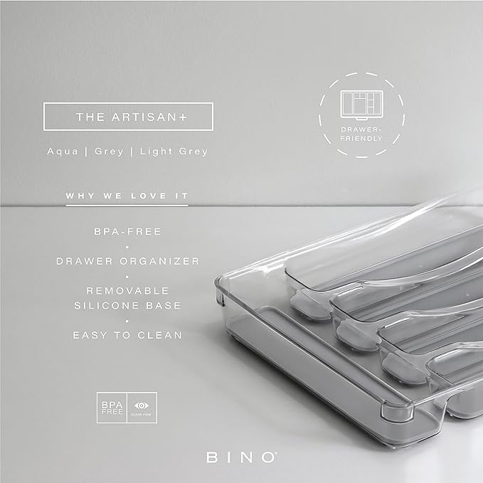 BINO 5-Slot Silverware Organizer for Drawer | Plastic Utensil Kitchen Drawers Tray Organization w/Grip Lining (Light Grey)