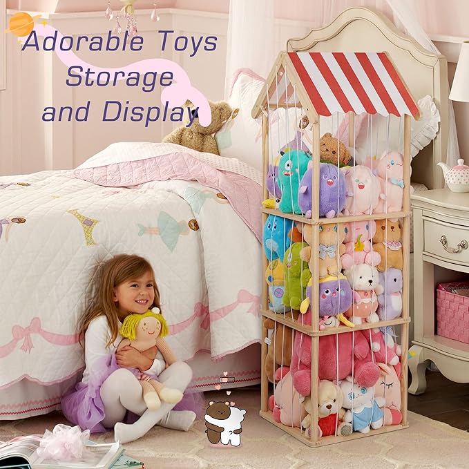Stuffed Animal Storage, Space Saving Vertical Stuffed Animal Holder Wood, Easy Assembly Cottage-Style Plush Toys Organizer for Kids Bedroom & Playroom (Wood, Large)