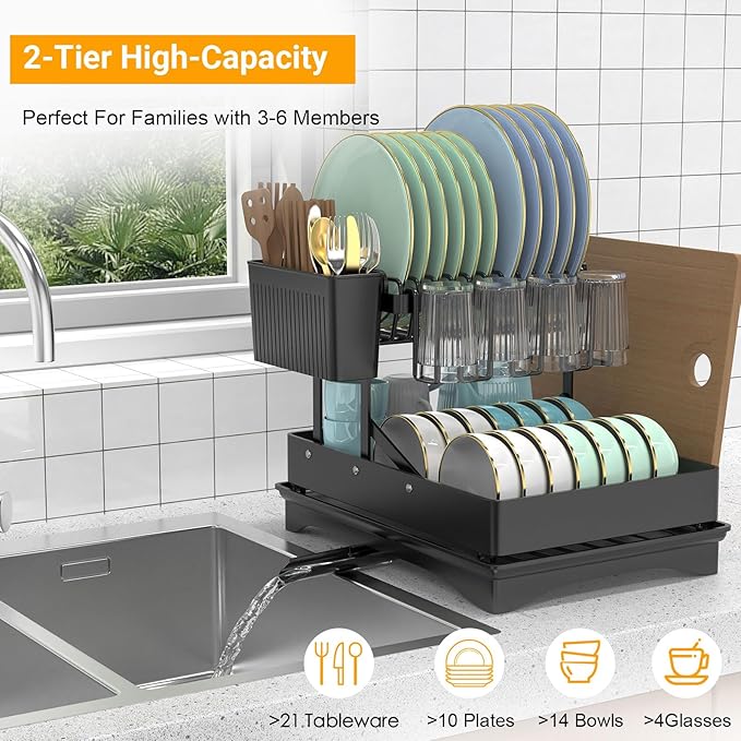 Large Dish Drying Rack,Dish Rack 2 Tier,Dish drainers for Kitchen Counter with Cup Chopping Board Cutlery Holder,Anti-Rust Collapsible 16.5" L x 11.8" W Black