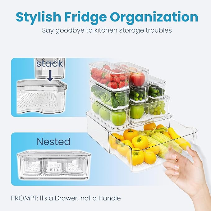 8 Pack Refrigerator Organizers, Clear Pull-out Drawer Container and Organizer Bins with Lids, Stackable Storage Containers for Fruits, Vegetable (Set of 8 (Include Pull Out Drawer))