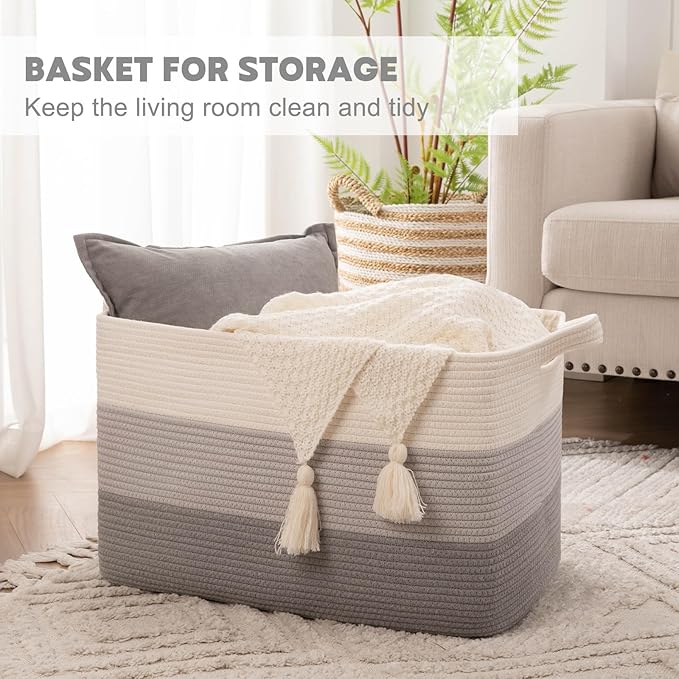 OIAHOMY Large Storage Basket, Cotton Rope Woven Blanket Basket, Toy Bin for Baby Room, Container for Blanket Storage in Living Room, 20''×16''×12'', Gradient Grey