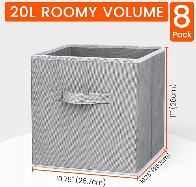 Criusia Storage Cubes - 11 Inch Heavy Duty Fabric Closet Bins for Shelves, Cube Organizer - 8 Pack Collapsible Decorative Storage Bins Baskets for Organizing Clothes Blankets Toys (Grey)
