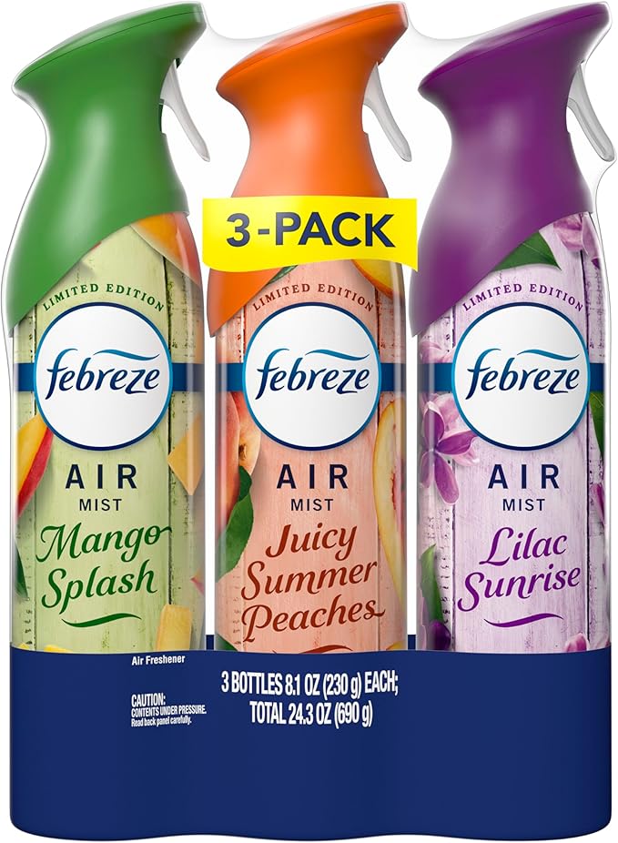Febreze Air Mist, Air Freshener, Odor Fighting Room Spray, Deodorizer for Home Bathroom Kitchen Office Apartment Classroom, Lilac Sunrise, Summer Peaches, Mango Splash Variety Pack, 8.1oz (Pack of 3)
