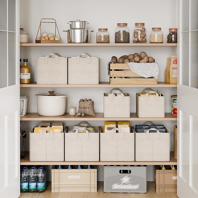 StorageWorks Storage Bins, Fabric Storage Bins for Shelves, Extra Large Storage Baskets with Metal Frame, Closet Baskets and Bins with Handles, Jumbo, Khaki and Beige Stripes, 2-Pack
