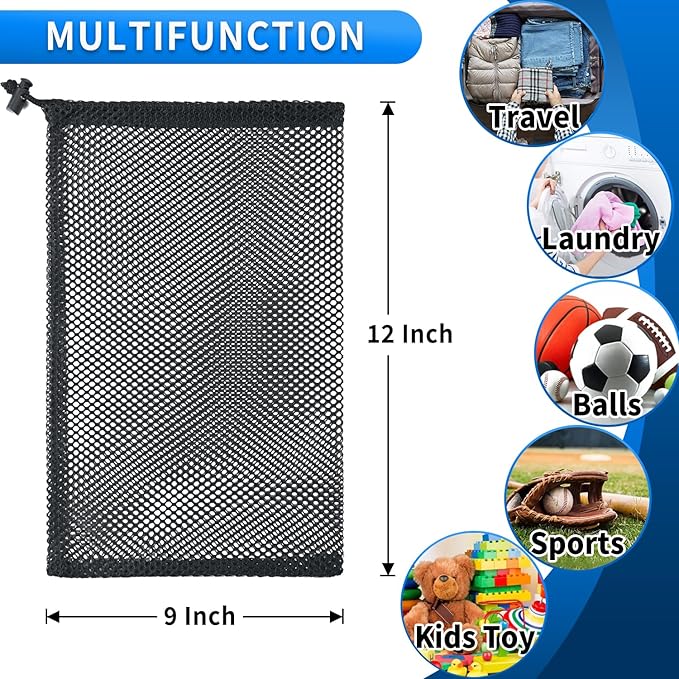 10 Pcs Mesh Drawstring Bag 9" x 12" with Cord Lock Closure, Nylon Durable Heavy Duty Mesh Bag for Laundry Beach Toys Swimming Gym Travel Mushroom Foraging (Black)