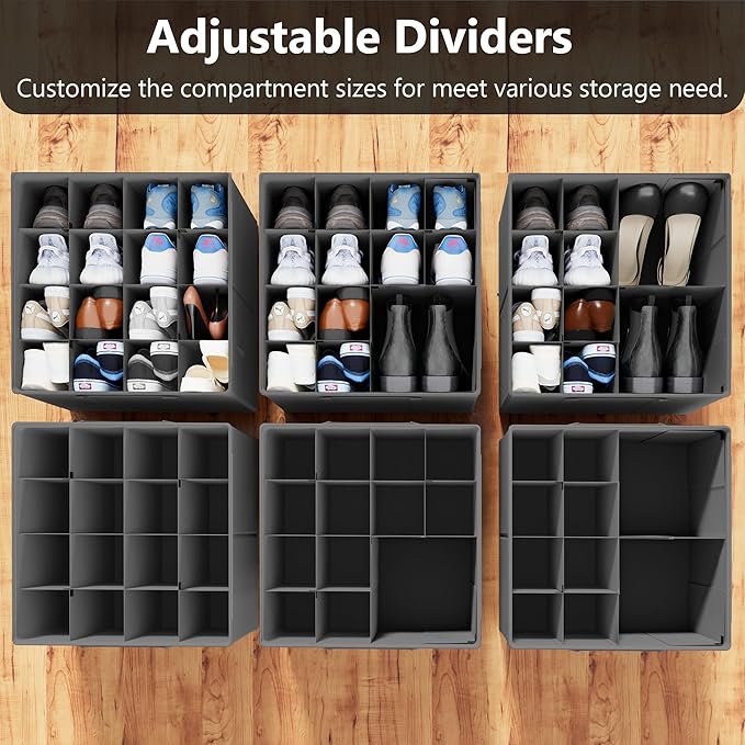 SUOCO 2 Pack Shoe Organizer for Closet, Fits up to 32 Pairs, Small Space Shoe Storage Boxes Bins Containers w/Adjustable Dividers and Clear Top, Grey