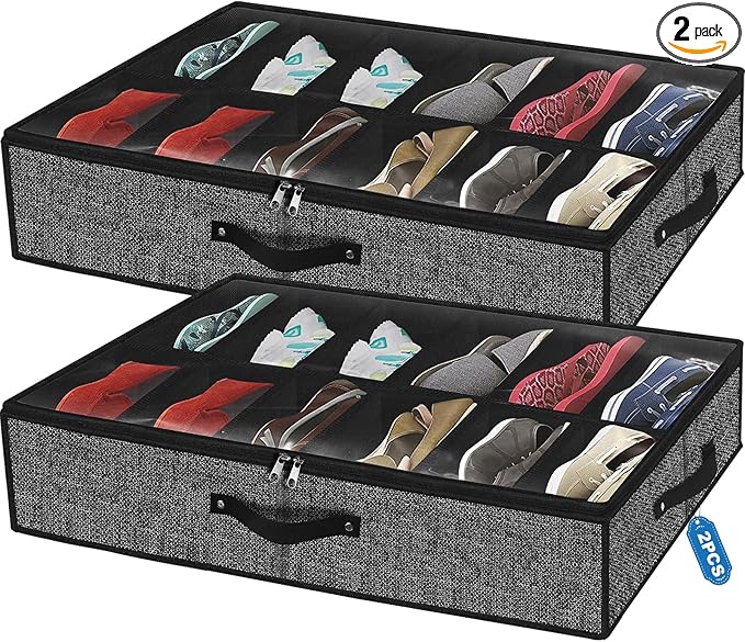 homyfort Under Bed Shoe Storage Organizer for Closet Fits 24 Pairs-Sturdy Underbed Shoe Storage Box Bins,Set of 2 (Linen-like Black)