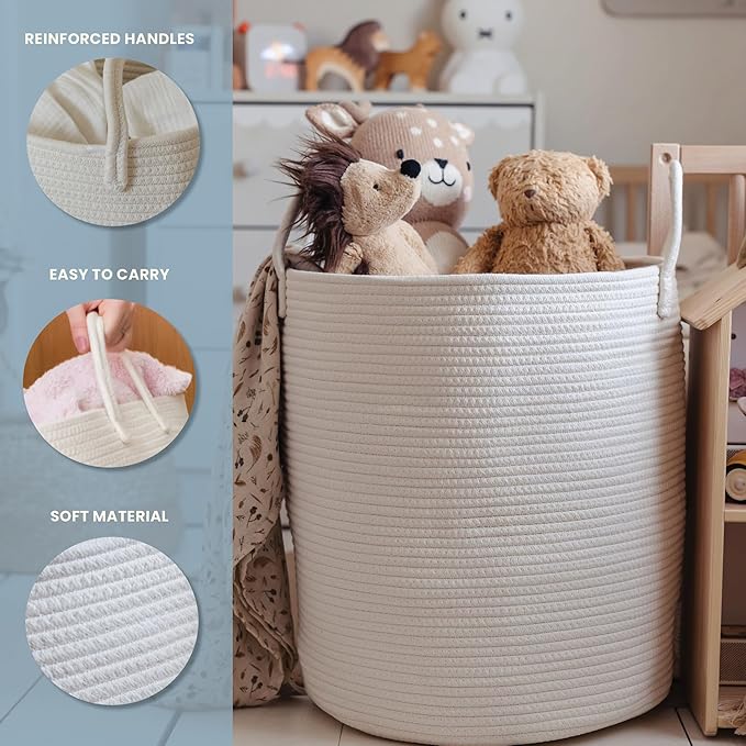 OrganiHaus Large Off-White Woven Laundry Basket w/Handles 52L, Rope Dirty Clothes Hamper, Blanket Basket for Living Room, Baby Laundry Hamper for Nursery, Soft & Durable Decorative Organizer Bin