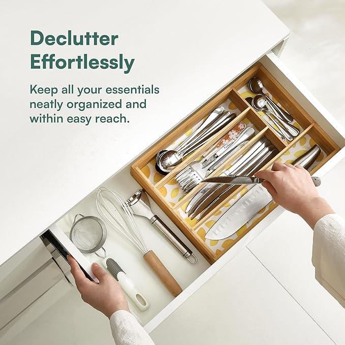Drawer Organizer - Silverware Organizer with 5 Slots, Lemon Print
