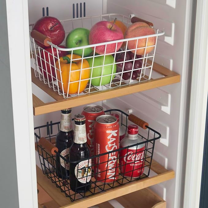 JUNCHU CHERRY【Extra Large】Wire Kitchen Storage Baskets 2 Packs,Perfect Pantry Organization Accessories Basket,Laundry Basket,Suitable for Countertop, Kitchen, Bedroom, Bathroom,Black