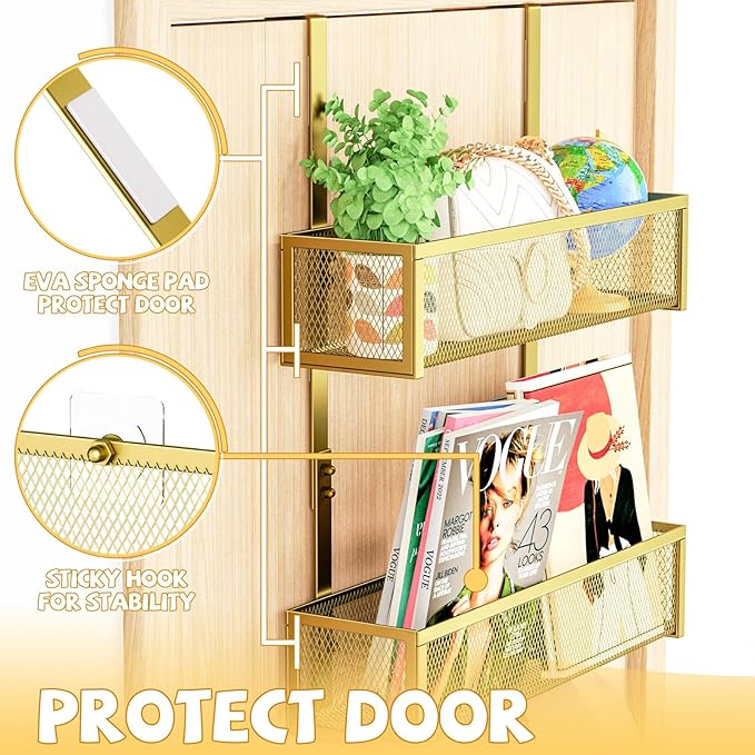 Kaiferty Over The Door Hooks Organizer,Coat Rack with 12 Hooks and 2 Mesh Baskets,Back of Door Storage Organizer for Bathroom,Bedroom,Kitchen,Office (Gold)