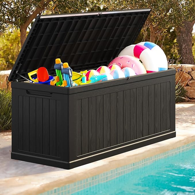 Lyromix 230 Gallon Outdoor Storage Box, UV-Resistant Waterproof Deck Box Outdoor with Lockable Design (Lock Not Included) and Hydraulic Lid, Patio Storage Bin for Cushions and Garden Tools, Black