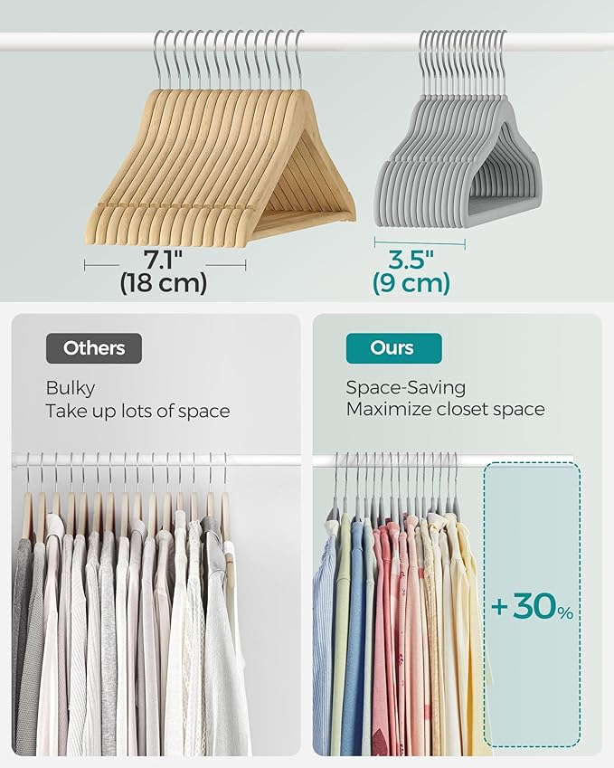 SONGMICS Baby Kids Hangers 30 Pack for Closet, 11.8 x 8.1 Inches, Silver 360° Swivel Hooks, Space-Saving Clothes Velvet Hangers for Nursery, Non-Slip, Dove Gray UCRF027G30