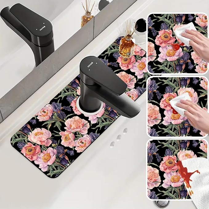 Sink Splash Guard Faucet Mat Peony and Iris Flowers Absorbent Fast Drying Mat Sink Gadgets Splash Guard Behind Faucet Drip Catcher for Kitchen Bathroom 15.5"X5.5"