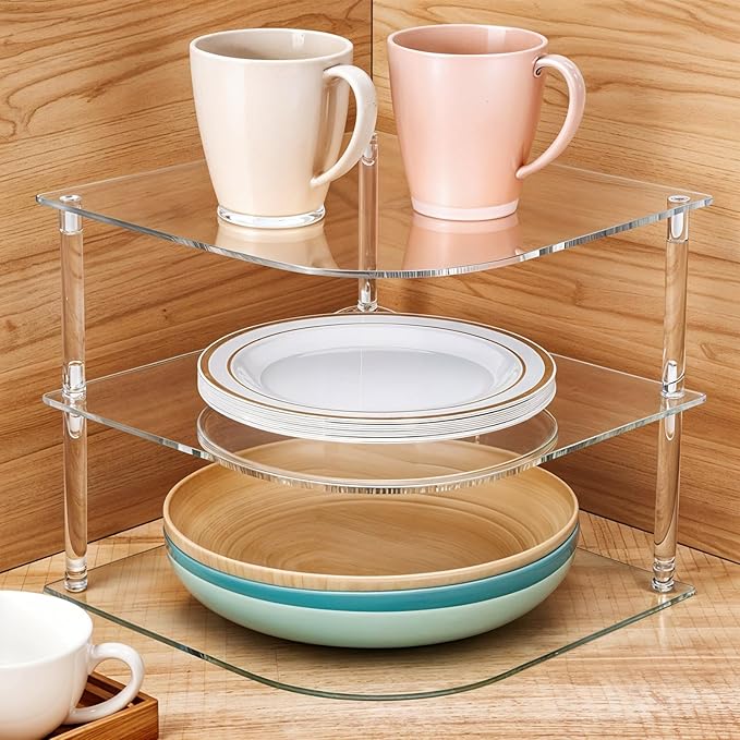 1 Pc Plate Organizer for Cabinet Space Saver - Clear Acrylic Corner Shelf for Dishes, Bowls - 3-Tier Kitchen Cabinet Plate Organization, Dinner Plates Holder, and Small Shelf for Bathroom Storage