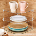 1 Pc Plate Organizer for Cabinet Space Saver - Clear Acrylic Corner Shelf for Dishes, Bowls - 3-Tier Kitchen Cabinet Plate Organization, Dinner Plates Holder, and Small Shelf for Bathroom Storage