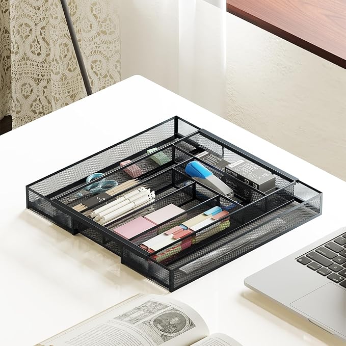Silverware Organizer Metal Mesh, Large Drawer Organizer, Utensil Cutlery Tray for kitchen drawers, Expandable Flatware Organizer with 8 Compartment Black 11.6"~20" x 17.3"