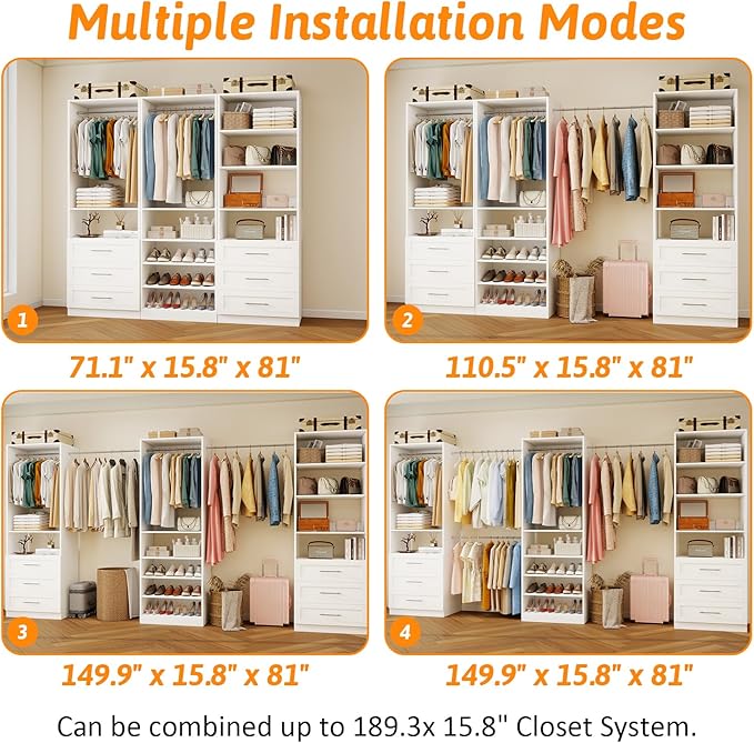 Closet System With 3 Sets, 6–16 Ft Closet Organizer System With 6 Drawers, Walk-In Closet With 9 Shelves & 5 Adjustable Hanging Rods, Customizable Modular Closet Kit, White