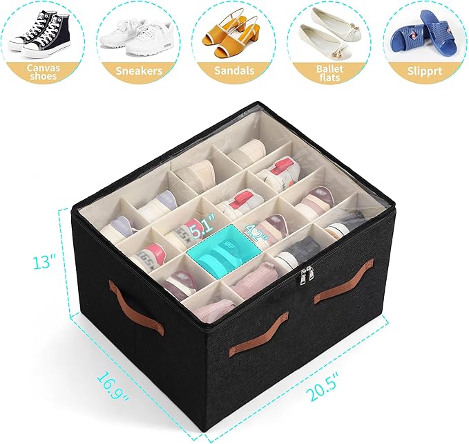 Shoe Organizer for Closet, Foldable Large Shoe Storage Box with Clear Cover, Removable Partitions and Bottom are Supported by Plastic Boards (Black, 20.5“Lx16.9 Wx13'H)