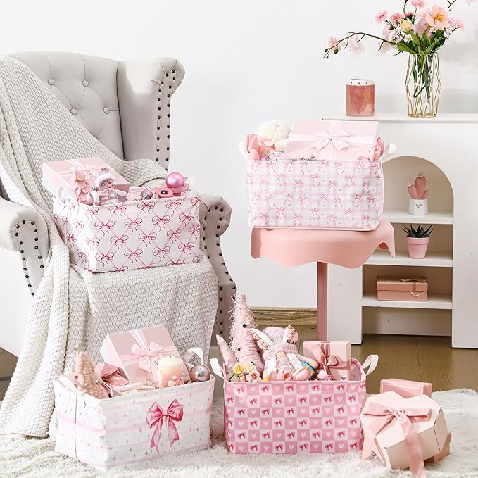 4 Pcs Pink Bow Storage Basket for Gifts Collapsible Girls Coqutte Pink Storage Bins with Handle Cute Preppy Foldable Laundry Organizer for Home Bathroom Bedrooms Baby Clothes Toys Books