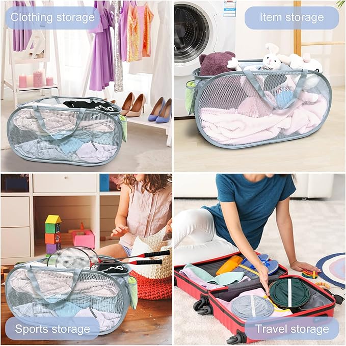 4PCS Mesh Laundry Hamper,Collapsible Laundry Baskets,75L Large Foldable Dirty Laundry Clothes Hamper Storage Basket Horizontal with Side Pocket&carry Handle for Home Travel, 2PCS Grey & 2PCS Emerald