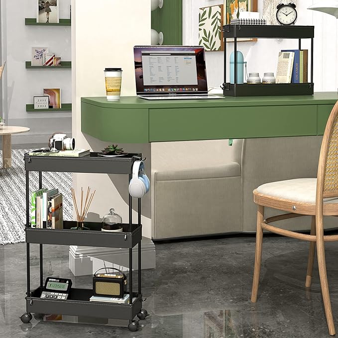 SPACEKEEPER Slim Rolling Storage Cart, 3 Tier Bathroom Storage Organizer Laundry Room Utility Cart Mobile Shelving Unit, Multi-Purpose for Kitchen Office Bathroom Laundry Narrow Places, Black