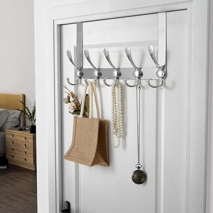 Dseap Over Door Hook 2.0 - Upgraded Version - Simple-Assembly, Strong, Heavy-Duty Stainless Steel 5-Tri-Hook Over The Door Hanger Rack, SimpleStrong Series, Chromed