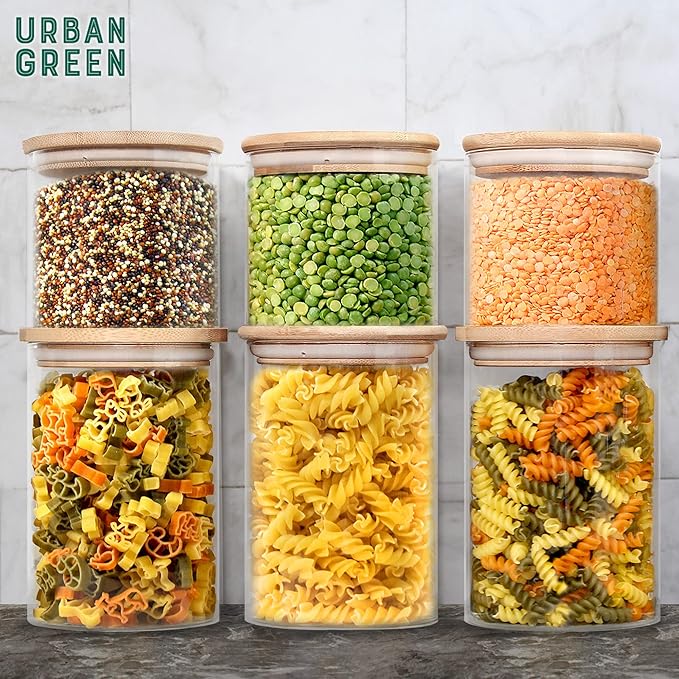Urban Green Glass Jars with Airtight Lids, Airtight Glass Canisters with Locking Lids, (Bamboo-20oz-30oz)
