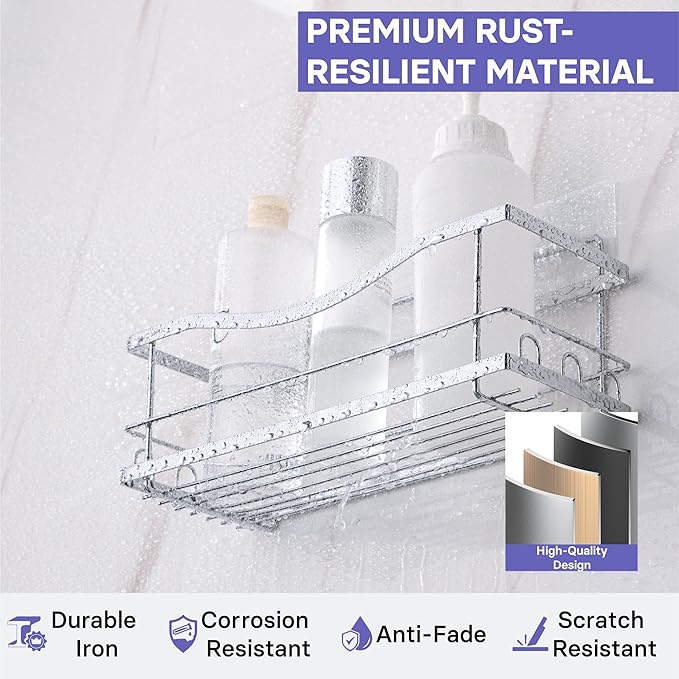 KINCMAX Iron Shower Caddies - Self Adhesive Bathroom Shelves for Showers - Wall Organizer Shampoo Holder Shelf - Peel and Stick On Caddy Bath Tub Rack - Pack of 2 Holders - Silver