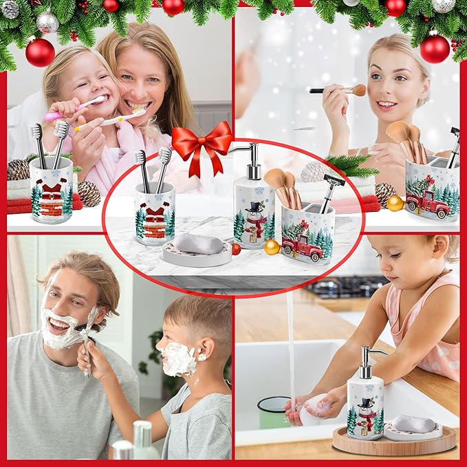 Christmas Bathroom Decor, Christmas Bathroom Accessories Set 4, Snowman Soap Dispenser, Gnome Truck Toothbrush Holder, Merry & Bright Soap Dish
