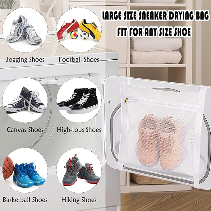Sneaker Wash & Dry Net Bag for Dryer,15.7x13.8 Inch Large HoneyComber Mesh Bags with Zipper and Strap for Shoes, Clothing, Laundry Reused Bag Tool (Large) (white)