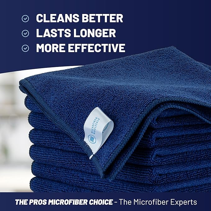 MW PRO Microfiber Cleaning Cloths Dark Blue 12 Pack, 12x12 - Commercial Janitorial Towels & Lint Free Rags - Heavy Duty for Auto Detailing, Glass Windows, Housekeeping & Screens - Washable 300+ Times