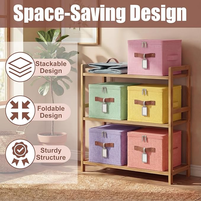 Fiwochic 6 Pack Fabric Storage Bins with Lids, 10x8x7In Foldable Cotton Linen Storage Boxes with PU Leather Handles and Label Holders for Closet, Nursery, Pink, Purple, Blue, Green, Yellow, Orange