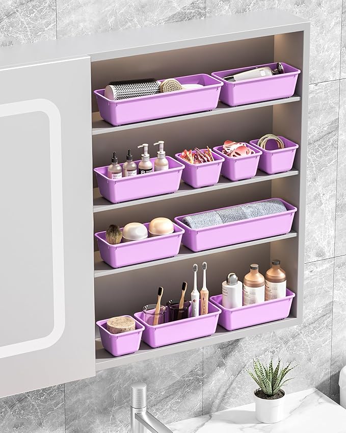 13 Pack Plastic Drawer Organizers Set, 3 Sizes Desk Drawer Organizer Trays for Vanity and Makeup Organizer, Organization and Storage for Makeup, Kitchen Utensils, Bathroom and Office(Purple)
