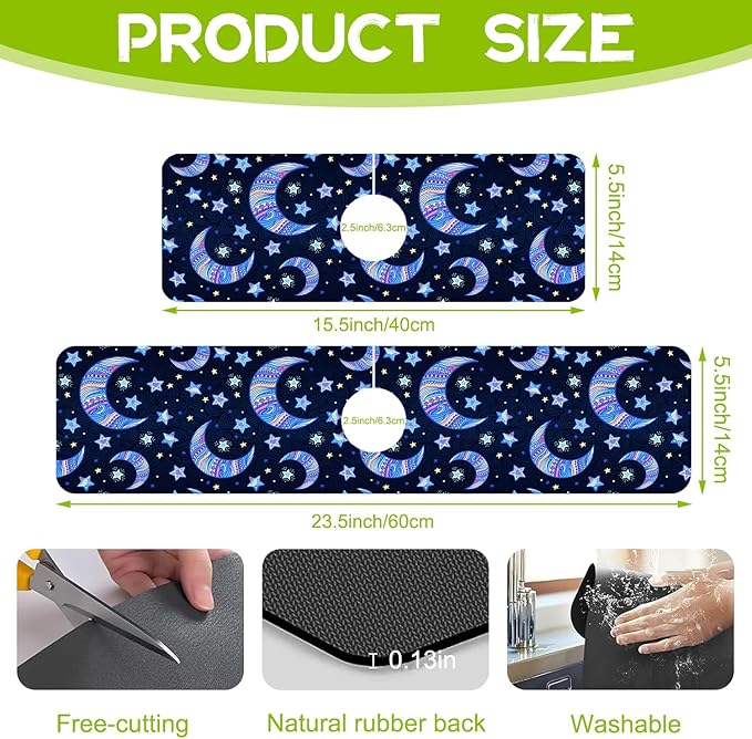 Kitchen Sink Splash Guard Faucet Mat Super Absorbent Fast Drying Mat Guard Behind Faucet Drip Catcher for Kitchen Bathroom (Blue Stars Crescent Moon, 23.5"X5.5")
